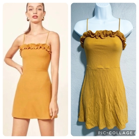 Reformation Bri Mini Sundress Size Small Golden Yellow ribbed knit stretchy - Picture 1 of 5